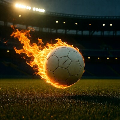 Fiery soccer ball in stadium