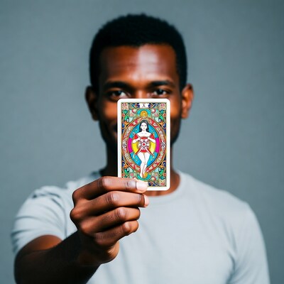 African-American man holding High Priestess tarot card