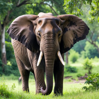 African elephant walking in green forest