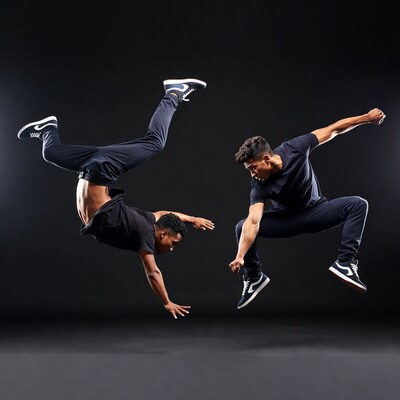 Two men breakdancing mid-air