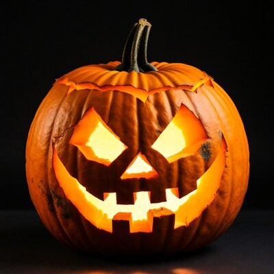 Lit Jack-o-Lantern Pumpkin on Black Background