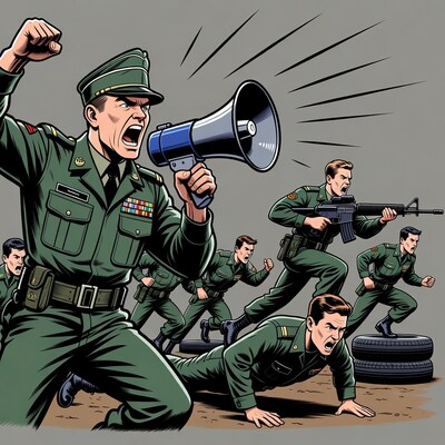Military officer shouting megaphone at soldiers