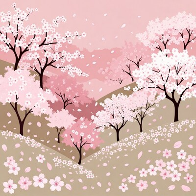 Cherry Blossom Trees on Hillside