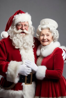 Smiling Santa and Mrs Claus embracing