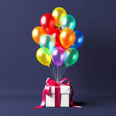 Colorful Balloons over White Gift Box