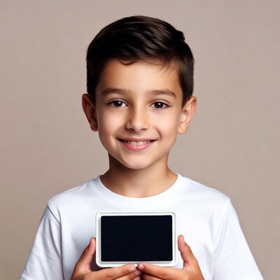 Boy holding blank whiteboard