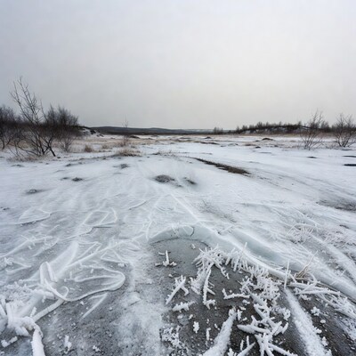 Snowy tundra with tire tracks