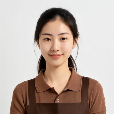 Asian woman in brown apron smiling