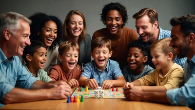Multiracial family playing board game