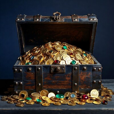 Open treasure chest overflowing with gold coins