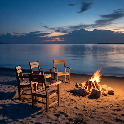 Campfire and chairs on beach at sunset