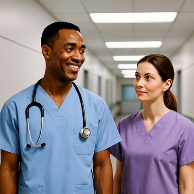 African-American male nurse and white female nurse in hallway