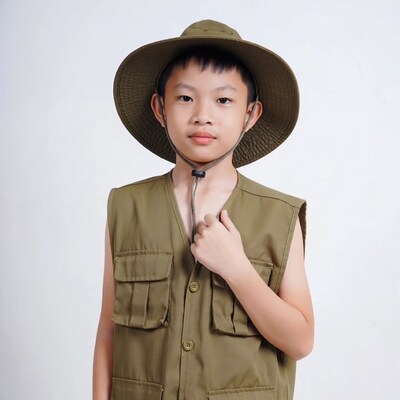 Asian boy in explorer hat and vest