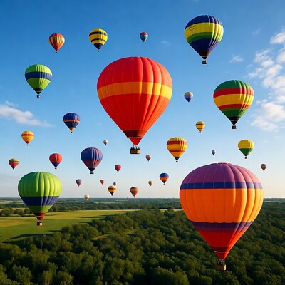 Colorful hot air balloons over green fields