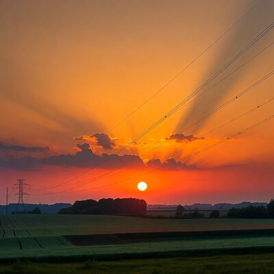 Sunset over fields with power lines
