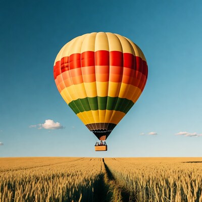 Colorful hot air balloon over wheat field