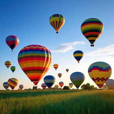 Colorful hot air balloons over green field