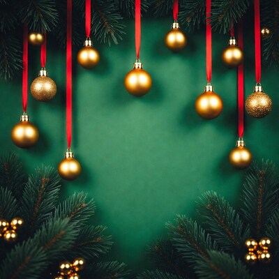 Gold Christmas Ornaments on Green Background