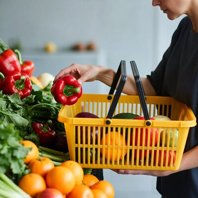 Woman picking red pepper into shopping basket