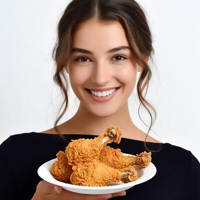 Woman holding fried chicken