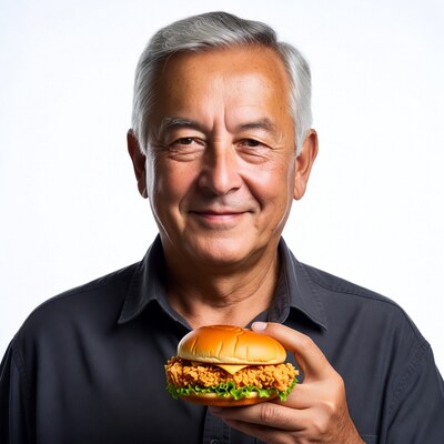 Elderly Asian man holding chicken burger