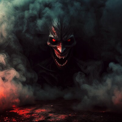 Demonic Monster with Red Eyes in Smoke