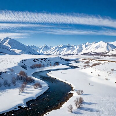 Snowy River Winding Through Mountains