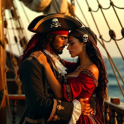 Pirate couple embracing on ship deck