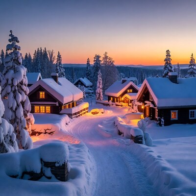 Snowy village cabins at sunset