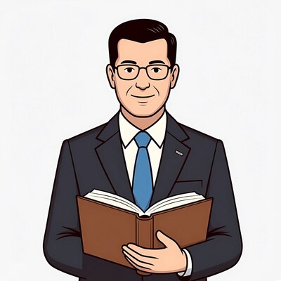 Man in suit holding open book
