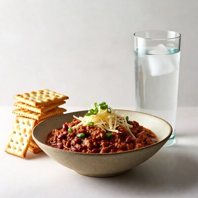 Bowl of chili with crackers and water