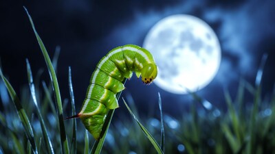 Green caterpillar on grass under moon