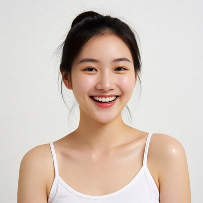Smiling Asian woman in white tank top