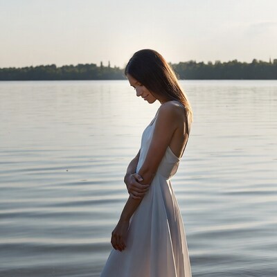 Woman in white dress by lake