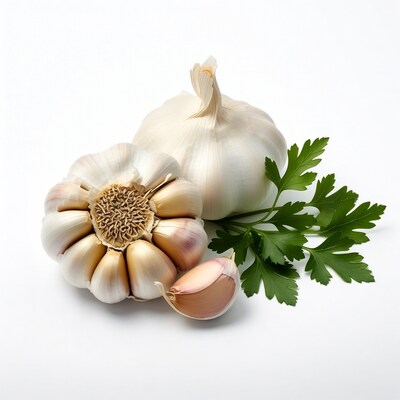 Fresh garlic bulbs with parsley