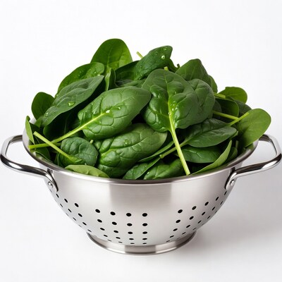 Fresh spinach in metal colander