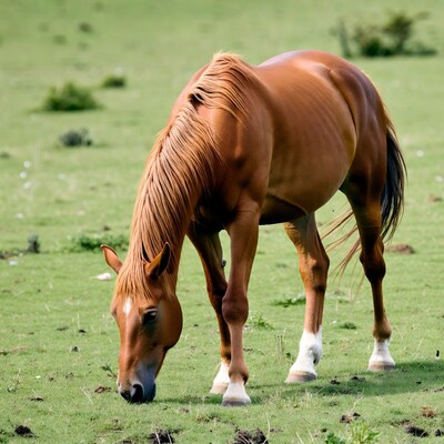 Bay horse grazing in green field