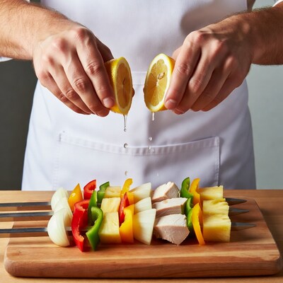 Chef squeezing lemon over chicken skewers