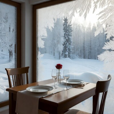 Romantic table with rose by snowy window