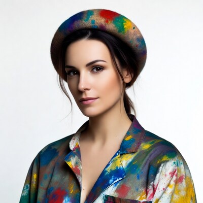 Woman wearing colorful beret and shirt