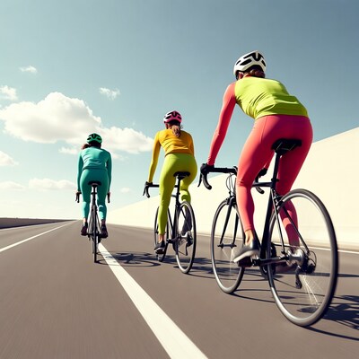 Three women cycling on road