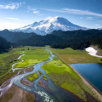 Mount Rainier Aerial View with River Lake