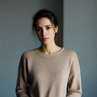 Woman in beige sweater portrait