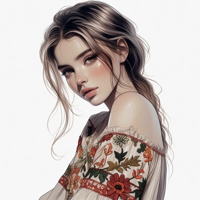 Beautiful woman in embroidered off-shoulder top