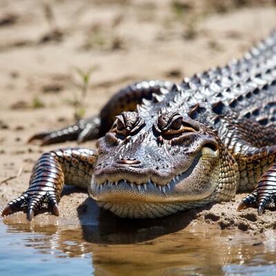 Alligator lying on sandy shore