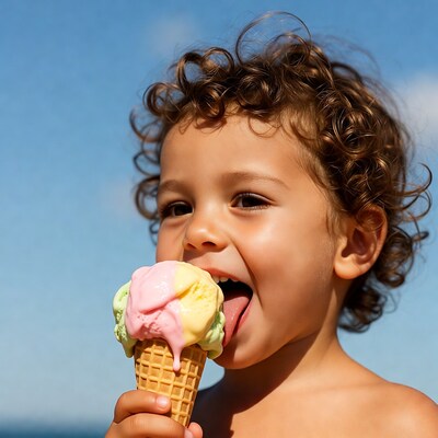 Toddler eating colorful ice cream cone