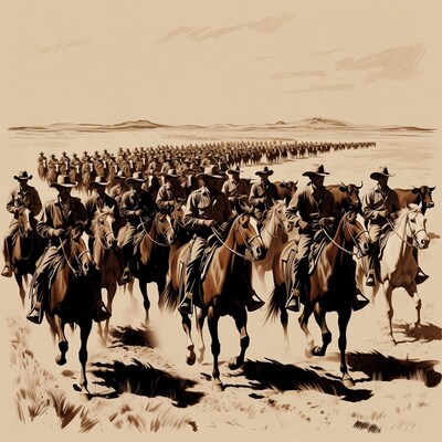 Cowboys riding horses in desert