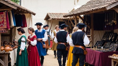 Medieval market stall with costumed people