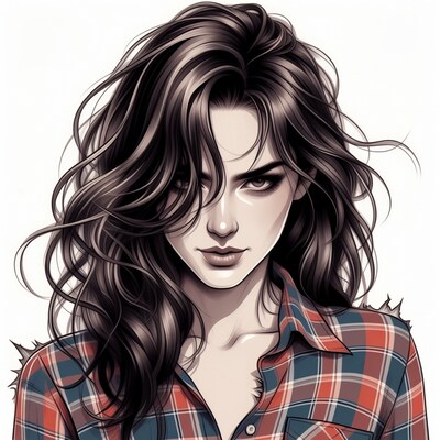Woman with flowing dark hair in plaid shirt