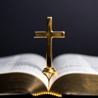 Golden cross on open Bible